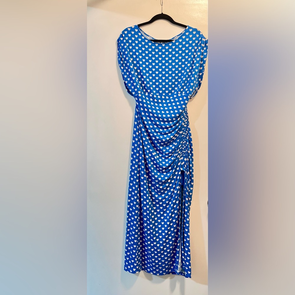 Free People Blue Backless Dress with White Heart Pattern